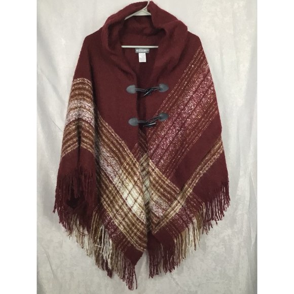 Accessory St New York One Size Cape Poncho Shawl Maroon/White/Tan Toggle Latch H - Picture 1 of 11